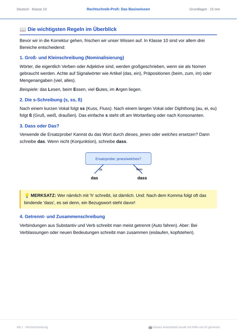 Arbeitsblatt Deutsch Klasse 10: Rechtschreibung – KI-generiert mit SchoolPrep