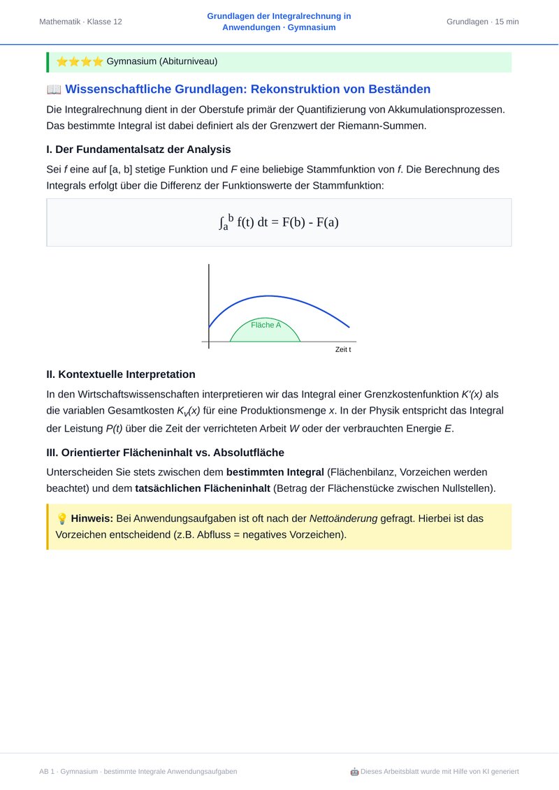 Arbeitsblatt Mathematik Klasse 12: Bestimmte Integrale – KI-generiert mit SchoolPrep